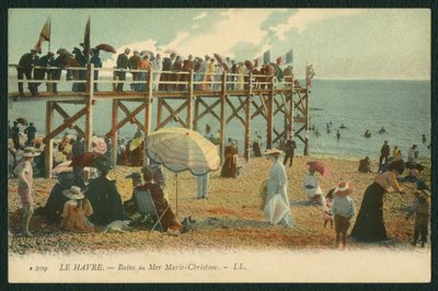 Postkort som viser badene Marie-Christine ved Le Havre, ca. 1900 (farget sv-foto) av French Photographer