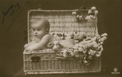 Postkort av en baby i en flettet kurv med blomster, sendt i januar 1913 av French Photographer
