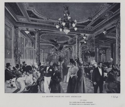 Den store salen til Cafe Americain, Paris (s/hvitt-bilde) av French Photographer