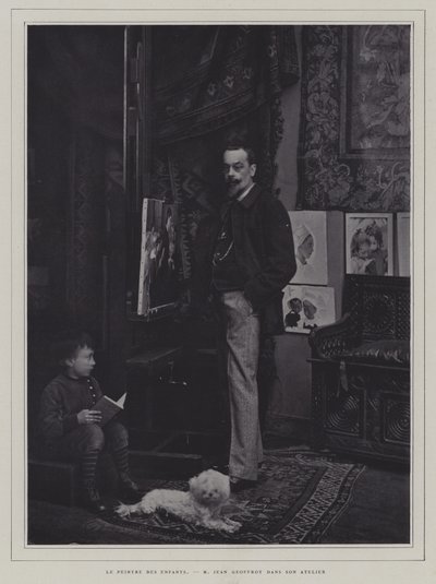 Maleren av barn: den franske kunstneren Jean Geoffroy i atelieret hans (s/hv-bilde) av French Photographer