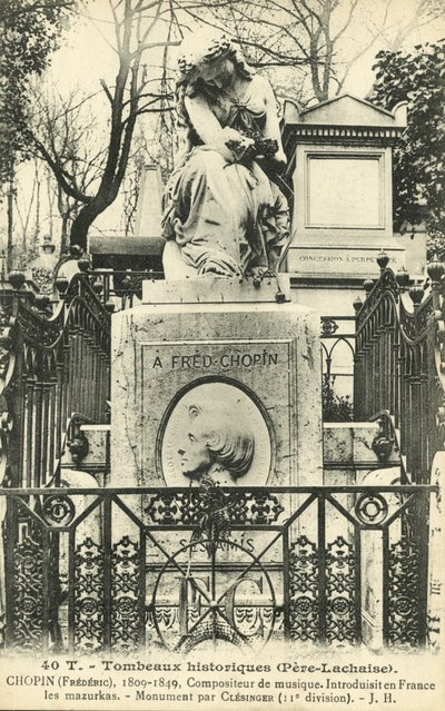 Graven til Frederic Chopin, Pere Lachaise kirkegård, Paris (s/hvitt-bilde) av French Photographer