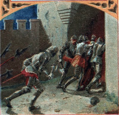 100-års krig: burgundernes hær grep slottet Pierrefonds ved svik (1300-tallet). Kromolitografi fra slutten av 1800-tallet av French School