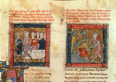 184 Fr.110 f.405 Galahad kommer til Arthur og Galahad trekker sverdet fra den flytende steinen i elven ved Camelot, ca. 1250-80 (se også 150479) av French School