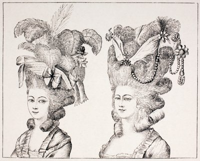 Franske jenter fra 1700-tallet med ekstravagante hårstiler og hatter, 1875 av French School