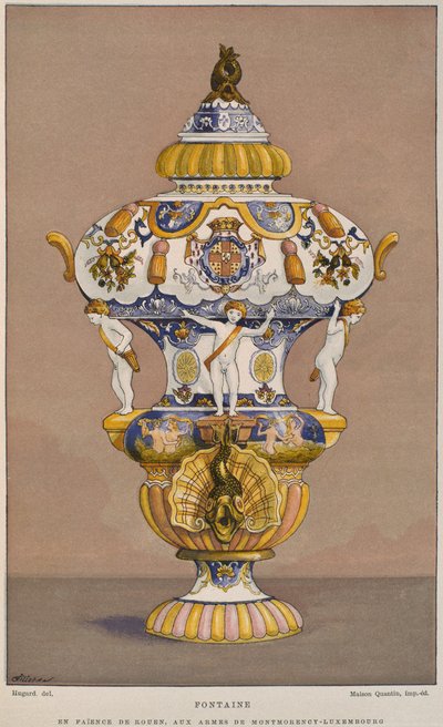 Fajansefontene fra 1700-tallet med våpenskjoldet til Montmorency Luxembourg, produsert i Rouen, illustrasjon fra Dictionnaire de lameublement et de la dekorasjon av Henry Havard, bind 2, av French School