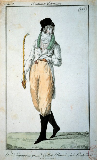 1700-tallsmote: Pariserdress med stor krage, bukser med båter. Paris, Musee du Costume av French School