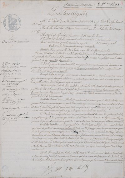 2. kontraktsdokument knyttet til La Comedie Humaine mellom Honore de Balzac (1799-1850) og Hetzel, Paulin, Dubochet og utgiveren Charles Furne, 2. oktober 1841 av French School