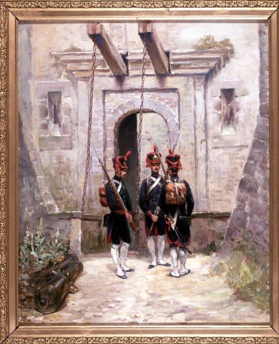3 konverterende skyttere, maleri 65 x 58 cm, olje på lerret av De Villeneuve, militærmaler sent på 1800-tallet. av French School