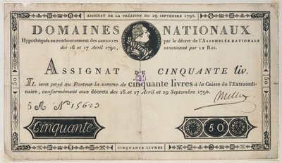 50 livres seddel, 29. oktober 1790 av French School