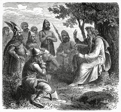 En Bard resiterer til nordmenn, ca. 1882 (tregravering) av French School