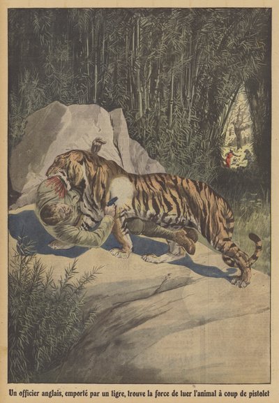 En britisk offiser, båret av en tiger, finner styrken til å drepe dyret med pistolen sin (farge litho) av French School