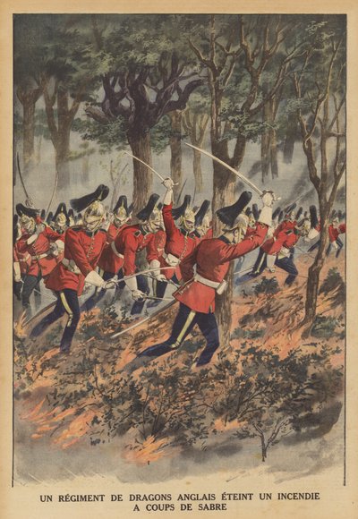 Et britisk regiment av drager som bruker sverdene sine for å slukke en brann (farge litho) av French School