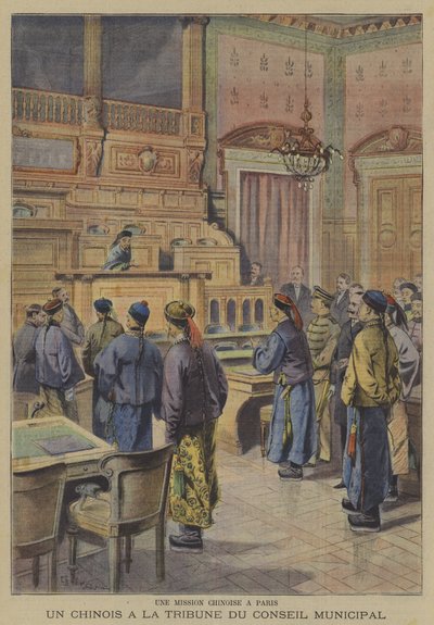 Et kinesisk oppdrag til Paris: en av de kinesiske delegatene ved podiet til byrådet (farge litho) av French School
