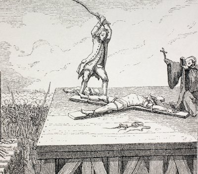 En forbryter dømt til døden blir knust på et Andreaskors i 1700-tallets brudd, 1875 av French School