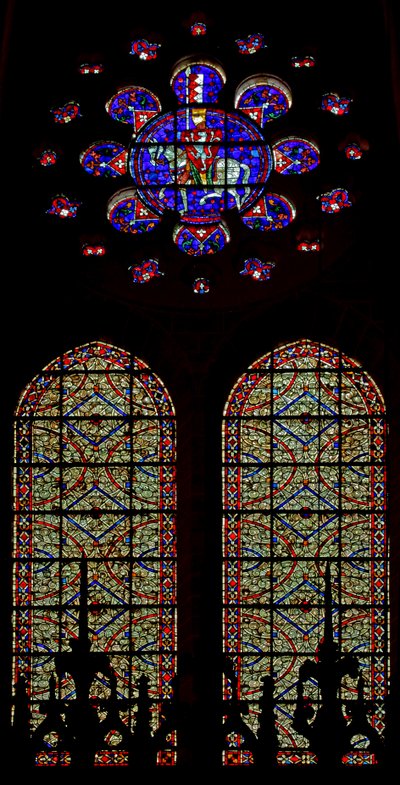 En De Montfort-ridder i rosetten over to grisaillevinduer (w108) av French School