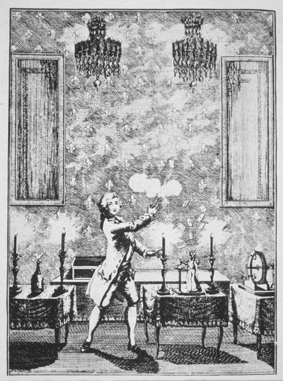A Demonstration of Conjuring fra La magie Blanche devoilee av Decremps, 1659, illustrert i en History of Magic, utgitt sent på 1800-tallet av French School