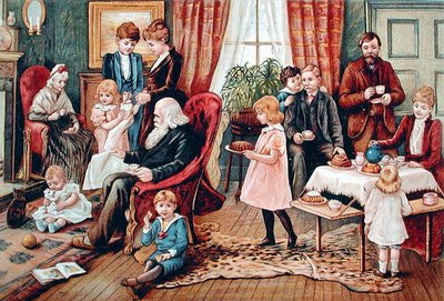 En familie tar te, ca. 1900 (farge litho) av French School