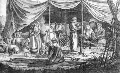 En familie av kurdiske nomader, fra Voyage en Perse av Gaspard Drouville, utgitt 1825 av French School