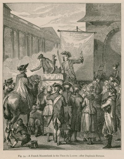En fransk Mountebank på Place du Louvre; etter Duplessis-Bertaux av French School