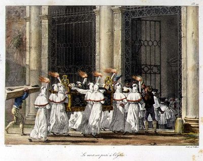 En begravelsesprosesjon ved døren til en kirke (fargegravering) av French School