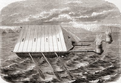 Et gresk brannskip, etter en tegning i et latinsk manuskript fra 1200-tallet, fra Les Merveilles de la Science, utgitt ca. 1870 (gravering) av French School