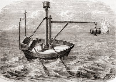 Et gresk brannskip, etter en tegning i et latinsk manuskript fra 1200-tallet, fra Les Merveilles de la Science, utgitt ca. 1870 (gravering) av French School