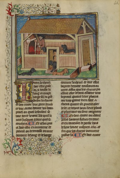 En jeger som passer på hunder med kennel, ca. 1430-40 (tempera, gull, sølvmaling og blad på pergament) av French School
