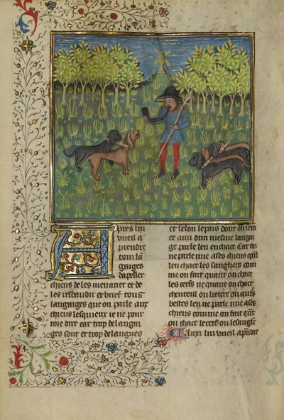 En jeger som trener hunder for å svare på et horns kall, ca. 1430-40 (tempera, gull- og sølvmaling og bladgull på pergament) av French School