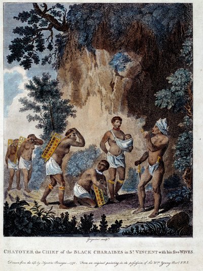 En Karib-kokk fra øya Saint Vincent i Vest-India med sine fem kvinner Gravering av 1800-tallets Chartres, Musee des Beaux Arts av French School