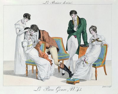 A Kissing Game, tidlig på det nittende århundre (fargegravering) av French School