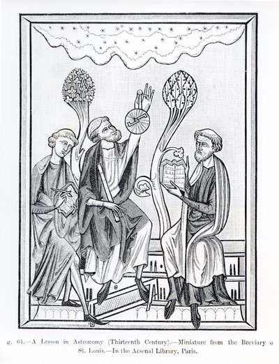 A Lesson in Astronomy, fra Breviary of St. Louis, illustrasjon fra Science and Literature in the Middle Ages and the Renaissance, skrevet og gravert av Paul Lacroix, 1878 (bw foto av French School