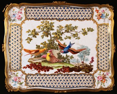 Et Louis XV Sevres-brett dekorert med tre eksotiske fugler i et landskap, som danner toppen av et bord en kafé, 1761 av French School