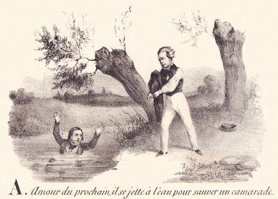 A: Nestekjærlighet, han kaster seg i vannet for å redde en kamerat. av French School