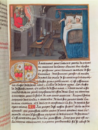 Et gift par i seng som mottar et barn fra den hellige treenighet av French School