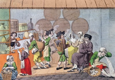 A Meeting of Artists, Mudscrapers and Rag Merchants, karikatur av en populær kafé på Palais Royal i Paris, ca. 1800 av French School