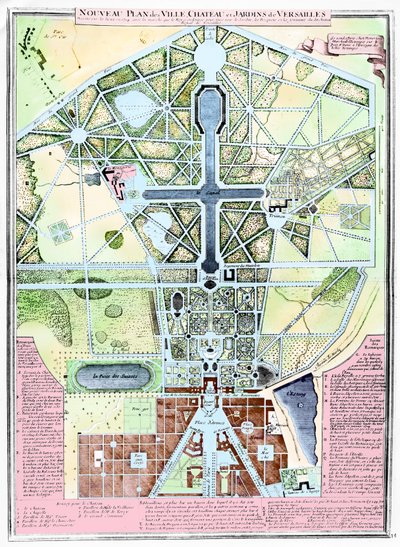 En ny plan for byen, slottet og hagene i Versailles, 1714 av French School