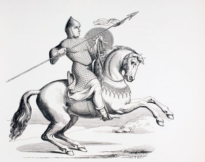 En normannisk ridder kledd i ringbrynje og hjelm som bærer spyd og skjold, 1873 av French School