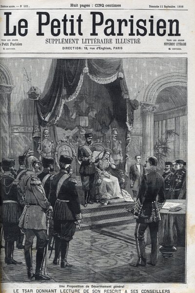 A Proposal for General Disarmament (made to the European Powers) - Tsar Nicholas II (1868-1918) reading his recript to his advisers. Le Petit Parisien av French School