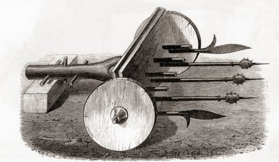 En Ribauldequin, infernalsk maskin- eller orgelpistol, bevæpnet med små kanoner og gjedder, fra Les Merveilles de la Science, utgitt ca. 1870 (gravering) av French School