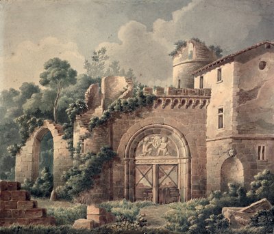 Et ødelagt slott, ca. 1820 (wc på papir) av French School