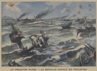 En russisk katastrofe: nederlag i slaget ved Tsushima, russisk-japansk krig (farge litho) av French School