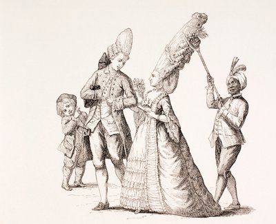 En satire over kvinners ekstreme frisyrer i Paris på 1700-tallet, 1875 av French School