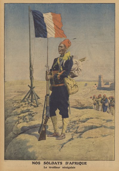 En senegalesisk skytter i Frankrike, Afrika (farge litho) av French School