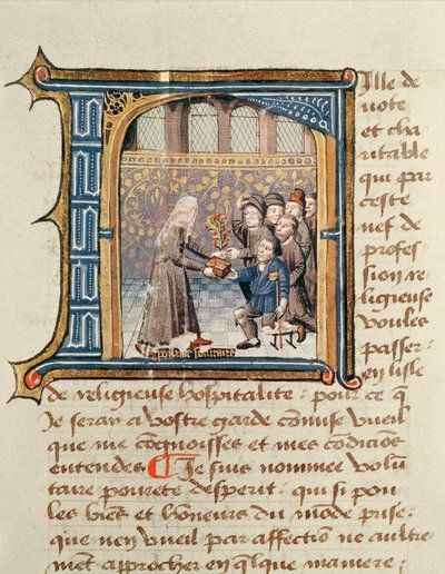 En søster som mottar gaver fra pasienter, fra Le Livre de Vie Active de lHotel Dieu de Paris av Jean Henry, ca. 1482 av French School