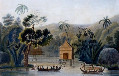 Et Spirit House på stylter i Offak Harbour, Waigou Island, fra Voyage Around the World på Corvette Coquille av løytnant Louis Isodore Duperrey, 1826 av French School