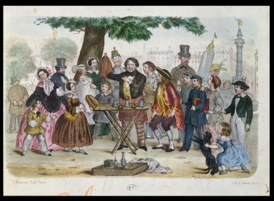 En gatemagiker nær Place de la Bastille, Paris, gravert av H. Jannin, ca. 1840-50 av French School