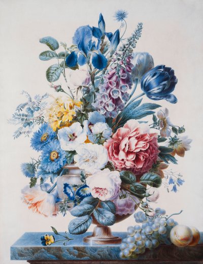 En vase med blomster på en avsats med druer og fersken, av French School