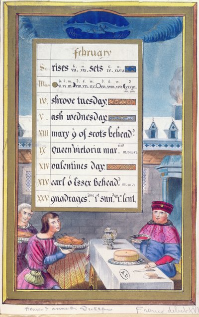 Et viktoriansk kalenderark for februar med en illustrasjon fra Anne de Bretagnes timebok (1488-1514) av French School