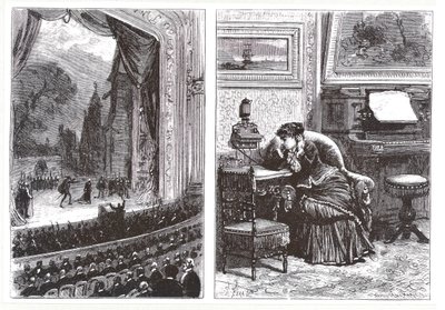 En kvinne som lytter til en operaforestilling i sitt eget hjem ved hjelp av Ader-Bell-telefonen og Aders-arrangement for musikkoverføring, fra Les Nouvelles Conquetes de la Science av Louis Figuier, av French School