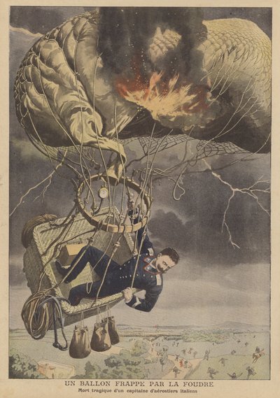 En ballong truffet av lynnedslag (farge litho) av French School